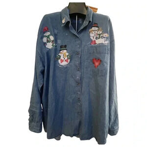 Vintage illusions jean button up shirt with snowman winter patch artwork and pin